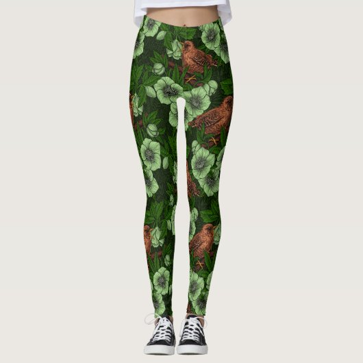 Leggings Feu et hellebore sur vert foncé (Devant)
