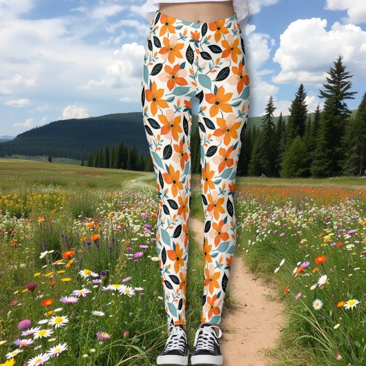 Leggings Feuillage et fleurs orange et bleu