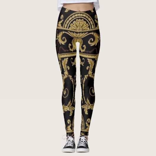 Leggings Feuille d'acanthe classique noir et or (Devant)