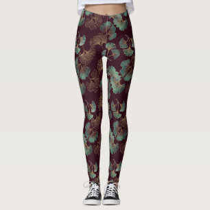 Leggings Feuille de Ginkgo élégante en Bourgogne et sarcell