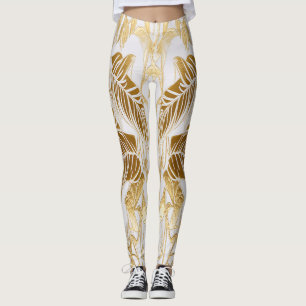 Leggings Feuille de Monstera Luxe Ivoire et Or Palmée