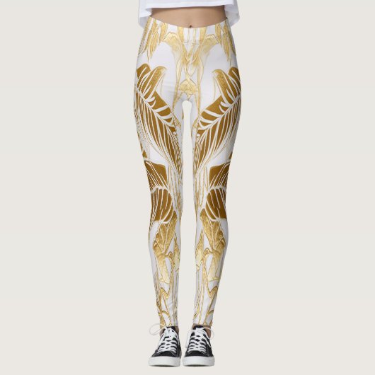Leggings Feuille de Monstère de luxe ivoire et or (Devant)