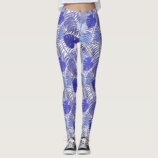 Leggings Feuille de palme bleu tropicale (Devant)
