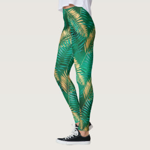 Leggings Feuille de palmier vert émeraude Jungle dorée bril