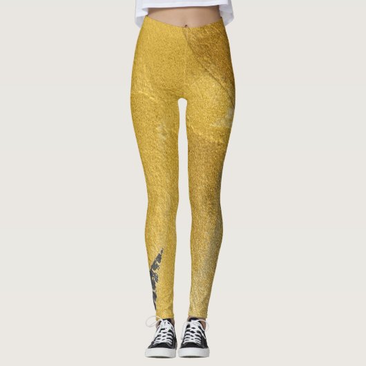 Leggings Feuille d'or, conception noire abstraite (Devant)