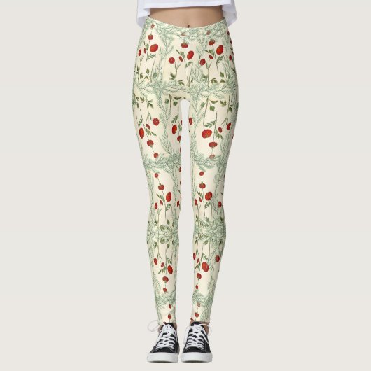 Leggings feuille et fleur rouge style japonais (Devant)