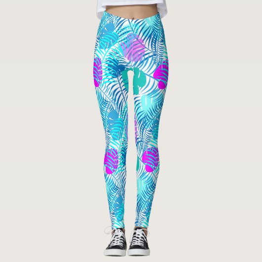 Leggings Feuille tropicale bleu et rose Aqua (Devant)