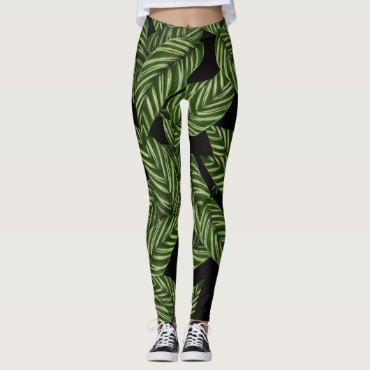 Leggings Feuille vert tropical noir (Devant)