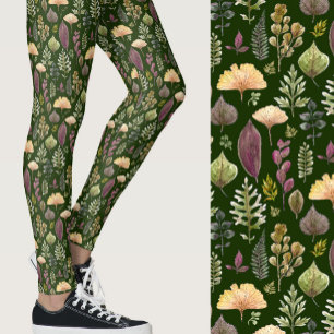 Leggings Feuilles aquarelles et fougères forêt automne vert