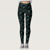 Leggings Feuilles bleu-vert Motif sur noir (Devant)