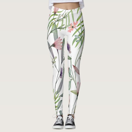 Leggings Feuilles botaniques minimalistes et vert fleur (Devant)