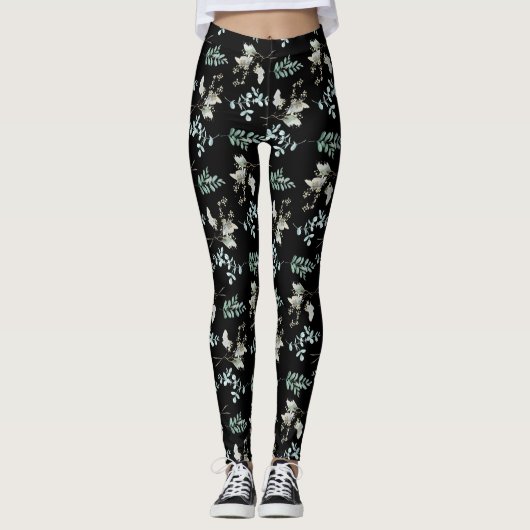 Leggings Feuilles botaniques verts et noirs (Devant)
