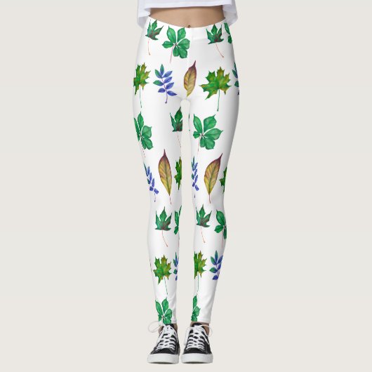 Leggings Feuilles d'aquarelle vert et bleu (Devant)