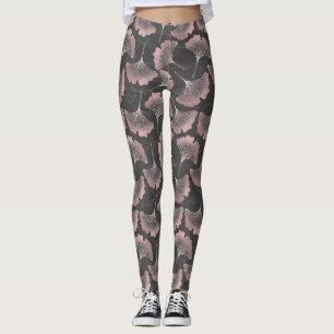 Leggings Feuilles de Ginkgo roses élégantes sur fond noir