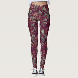 Leggings Feuilles de Ginkgo sarcelle et or sur fond bordeau
