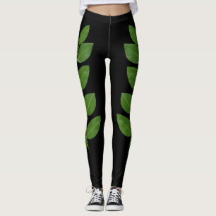 Leggings Feuilles de Laurier Vert Moderne sur Fond Noir