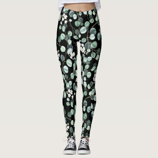 Leggings Feuilles de l'Eucalyptus : Motif de fleurs blanche (Devant)