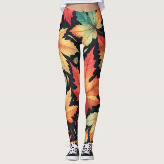 Leggings Feuilles de Maple Automne Coloré Motif (Devant)