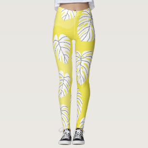 Leggings Feuilles de Monstera, arrière - plan jaune vif.