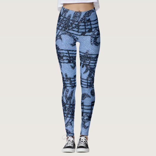 Leggings Feuilles de musique fleurit Denim-Look bleu sur bl (Devant)