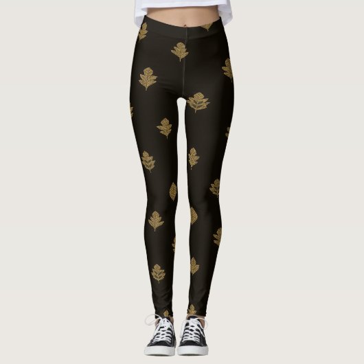 Leggings Feuilles dorées atténuées noires (Devant)