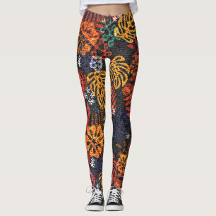 Leggings Feuilles exotiques sur denim, impression transpare