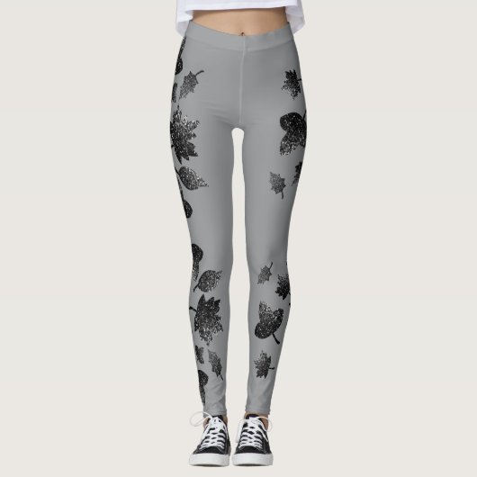 Leggings Feuilles gris brillant en argent automne motif d'a (Devant)