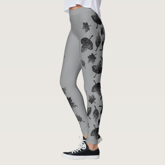 Leggings Feuilles gris brillant en argent automne motif d'a (Gauche)