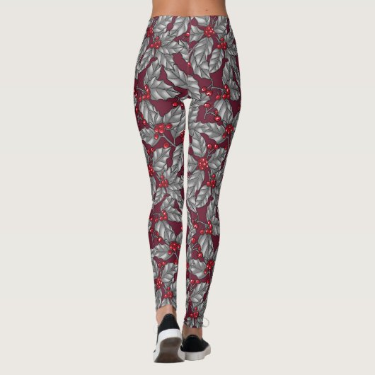 Leggings Feuilles gris sur rouge foncé (Dos)