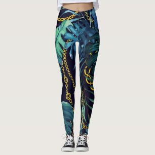 Leggings Feuilles tropicaux, chaînes d'or, sans soudure.