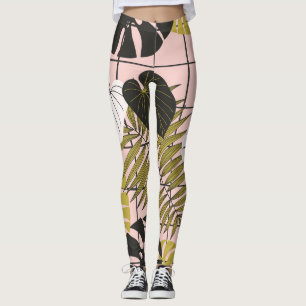 Leggings Feuilles tropicaux, fleurs, motif peint à la main.