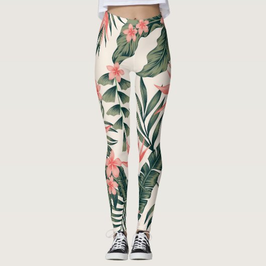 Leggings Feuilles tropicaux, papier peint joyeux sur la pla (Devant)