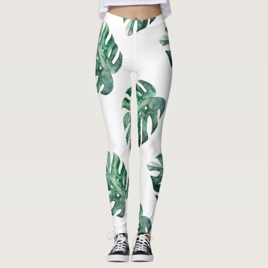 Leggings Feuilles tropicaux verts, motif aquarelle (Devant)