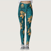 Leggings Feuilles Turquoises tendance Orange Tropical Flora (Devant)
