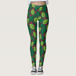 Leggings Feuilles verts, Berries Rouges, Motif Des Feuilles
