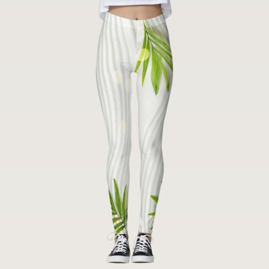 Leggings Feuilles verts brillants sur Arrière - plan blanc  (Devant)