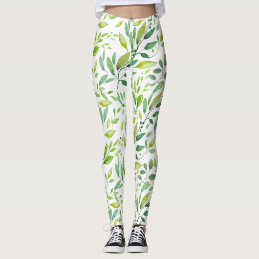 Leggings Feuilles verts et baies pattes d'aquarelle (Devant)