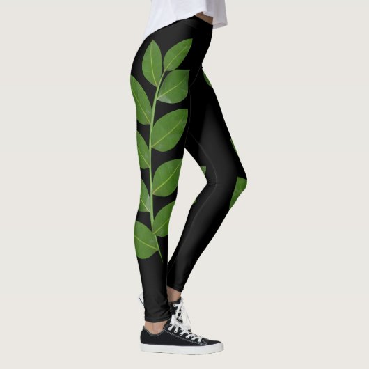Leggings Feuilles verts modernes Laurel en noir (Droite)