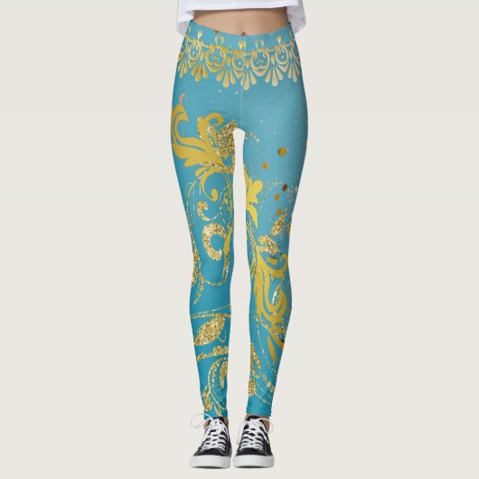Leggings Fille Turquoise Parties scintillant Or Ombre Bleu (Devant)
