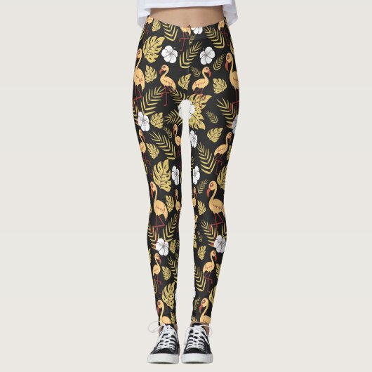 Leggings Flamant rose continu motif fleurs jaune et blanc (Devant)