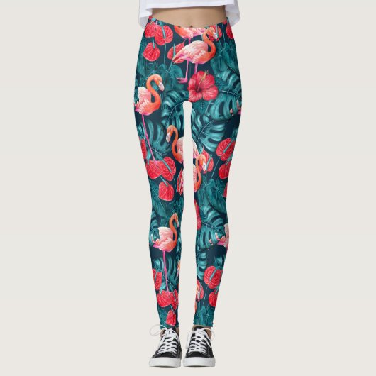 Leggings Flamant rose et aquarelle du jardin tropical (Devant)