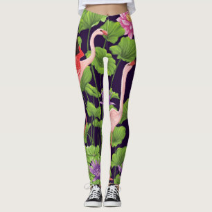 Leggings Flamant rose, plantes tropicaux, arrière - plan no