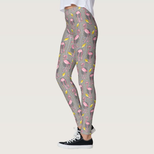 Leggings Flamant rose rose Ferns Art Déco Gris Jaune 20s Oi (Gauche)