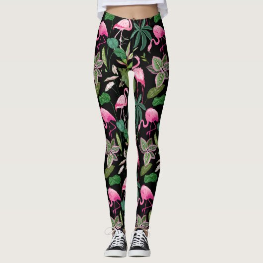 Leggings Flamant rose rose Tropical Botanical Black Arrière (Devant)