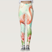 Leggings Flamant Tropical Aquarelle & Motif Géométrique (Devant)