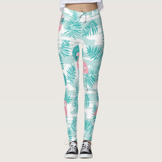 Leggings flamants roses, feuilles de palmiers verts, tropic (Devant)
