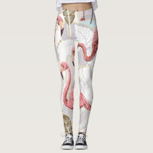 Leggings Flamants roses, palmiers feuilles : motif vintage.