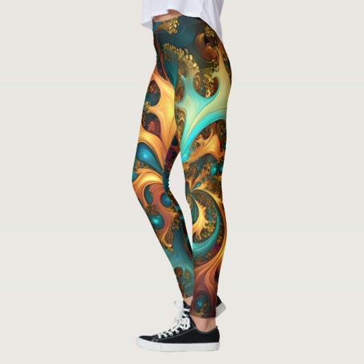 Leggings Flames de couleur : Turquoise, or, Danse Fractale (Gauche)