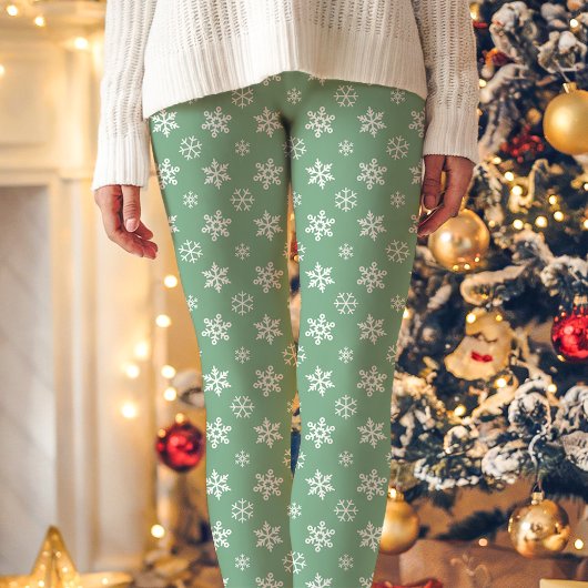 Leggings Flammes De Neige Blanches Sur Vert Mignonne Noël