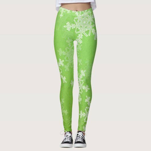 Leggings Flammes de neige blanches vertes Noël minimal (Devant)
